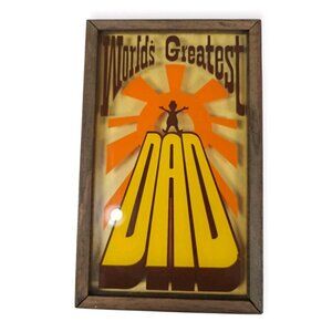 Vintage World’s Greatest Dad Glass Sign Plaque Wood Framed 1970s